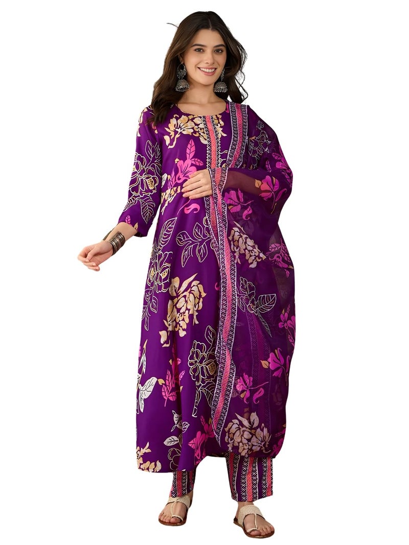 Naixa Women's Cotton Printed Flared Kurta with Pant and Dupatta Sets (NX-833-Wine-M) - Image 1