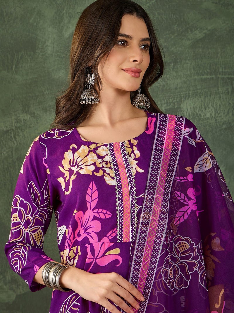Naixa Women's Cotton Printed Flared Kurta with Pant and Dupatta Sets (NX-833-Wine-M) - Image 5