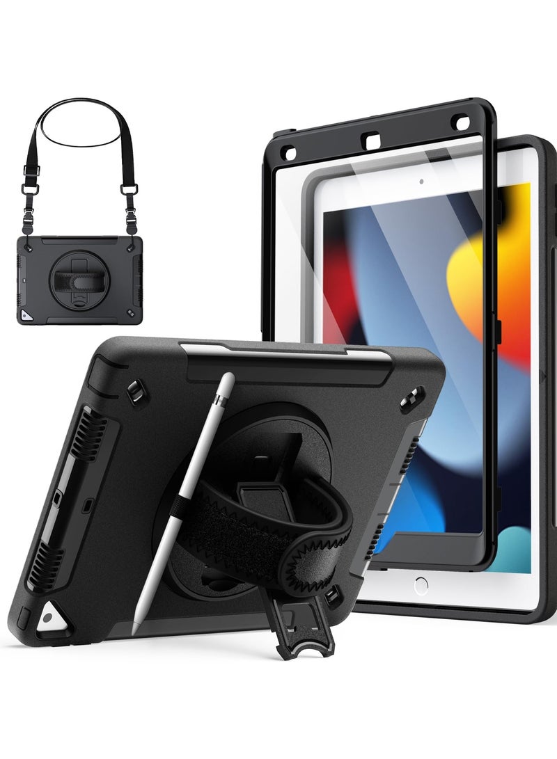 جي تيك حافظة لجهاز iPad 10.2 بوصة الجيل التاسع مع واقي شاشة مدمج وغطاء لوحي متين مقاوم للصدمات وحزام يد دوار 360 درجة باللون الأسود - Image 1