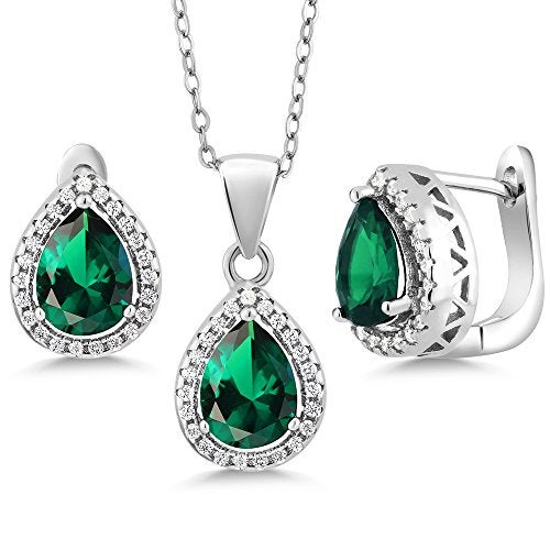 GEM STONE KING Blue Simulated Sapphire Green Nano Emerald or Red Created Ruby Pendant and Earrings Jewelry Set For Women | 925 Sterling Silver | Pear Shape 9X7MM | 6.50 Cttw | With 18 Inch Silver Chain - Image 1