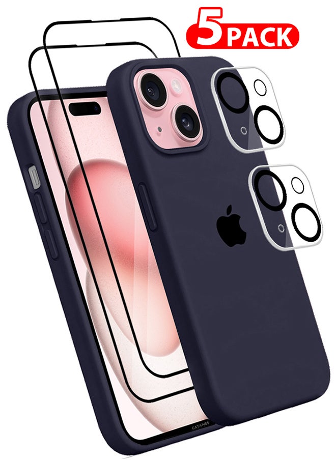 CATANES - 5 Packs For iPhone 15 Plus Case 2 Screen Protectors and 2 Camera Lens Protectors Upgrade Defender Silicone Cover Shockproof Anti-Scratch Protective Phone Case Blue - Image 1