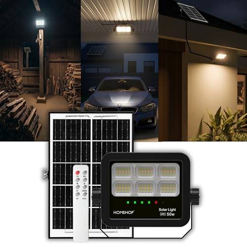 Homehop Solar Flood Light Outdoor Waterproof 50 W with Remote Controlled Automatic LED Indoor Lamp for Home Garden Balcony Courtyard Patio and Pathway (5 Ah,ABS,3 Colour) - Image 1