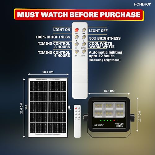 Homehop Solar Flood Light Outdoor Waterproof 50 W with Remote Controlled Automatic LED Indoor Lamp for Home Garden Balcony Courtyard Patio and Pathway (5 Ah,ABS,3 Colour) - Image 3
