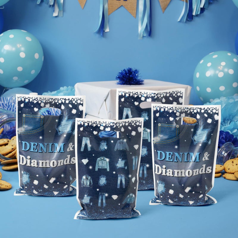 K1tpde 50PCS Denim and Diamonds Party Favor Bags, Denim Themed Blue Jacket Jeans Plastic Goodie Gift Bags Bulk with Handle for Kid, Crystal Birthday Party Supplies for Bachelorette Wedding Decor - Image 4