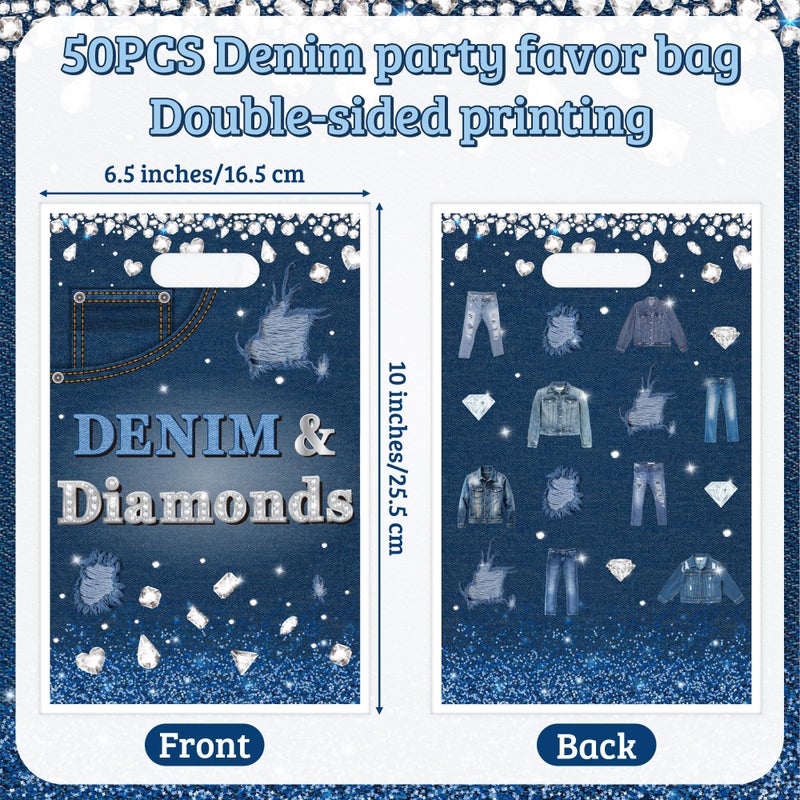 K1tpde 50PCS Denim and Diamonds Party Favor Bags, Denim Themed Blue Jacket Jeans Plastic Goodie Gift Bags Bulk with Handle for Kid, Crystal Birthday Party Supplies for Bachelorette Wedding Decor - Image 2