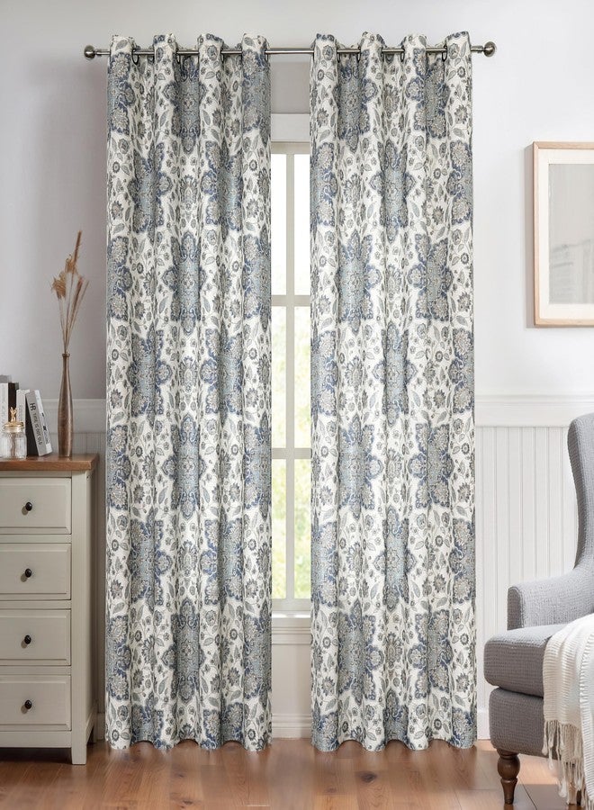 Central Park Blue Botanical Curtain Panel Vintage Medallion Floral Print Grommet Top Light Filtering Window Drapes 95 Inches Long for Bedroom/Living Room, Navy/Blue, 54"x95", 2 Panel - Image 2