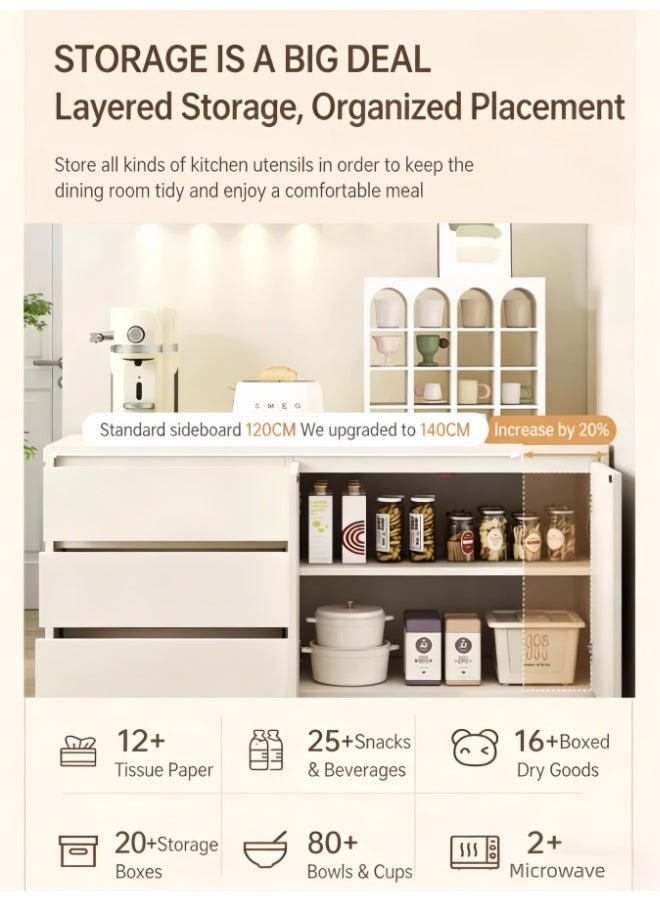 خزانة جانبية فرنسية كريمية بتصميم بسيط - 3 أدراج وبابين للتخزين، سطح عمل واسع 140 سم، أرجل معدنية متينة ومشبك مضاد للانقلاب لغرفة المعيشة/المطبخ/غرفة الطعام (DSG044) - Image 5