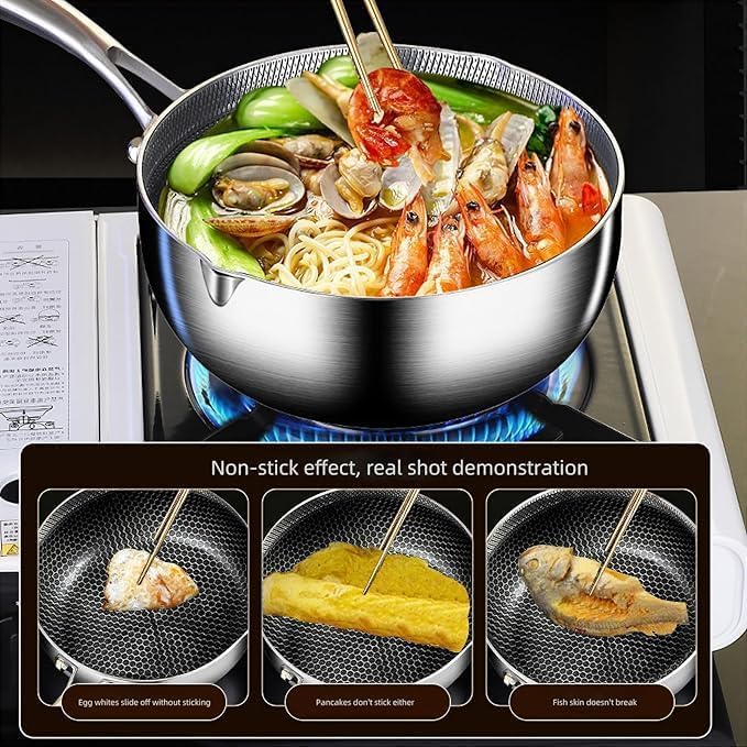 PIPULSE Stainless Steel Snow Pan Non Stick Egg Pan Fry Pan for Stick Frying Honeycomb Pan Non Stick for Ergonomic Handle Every Cooking Style (1.5 litres) - Image 2