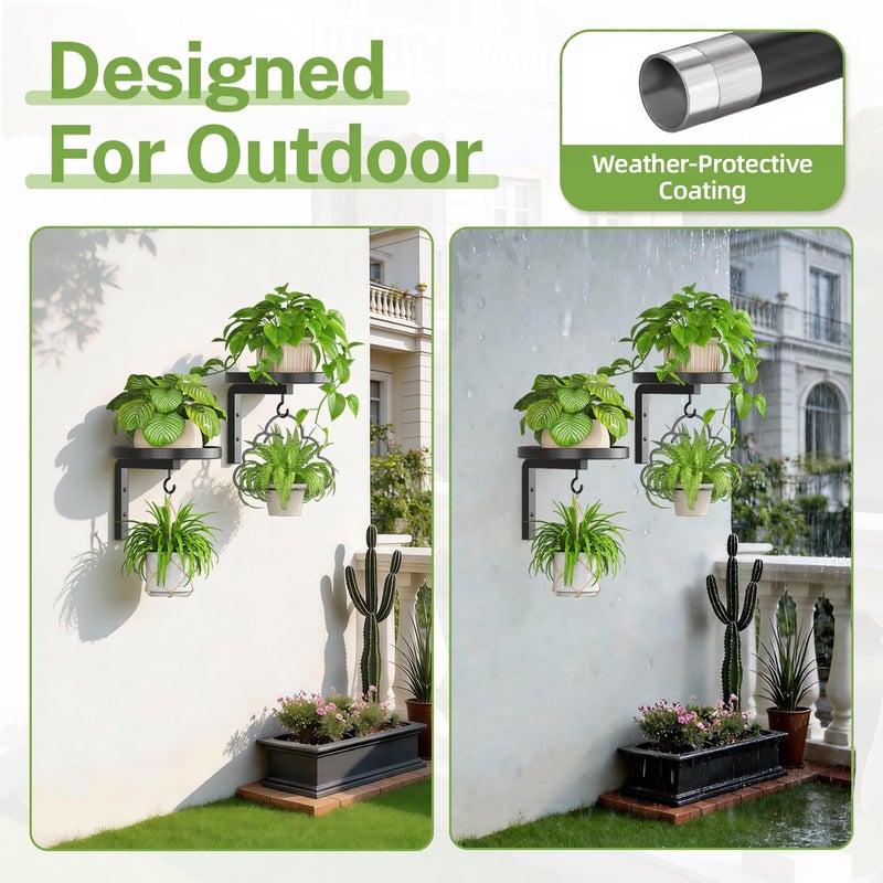 iDavosic.ly Wall Plant Holder Set of 2 for Outdoor with Drain Hole, Metal Hanger with 2 Hooks, Floating Flower Display Stand for Window, Space Saving & Easy to Assemble (Pots/Plants Not Included) - Image 4