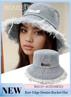 roaiss Raw Edge Denim Bucket Hat for Women, Lightweight Breathable Sun Hat with UV Protection for Summer Beach Outdoor, Fashion Accessories  - Image 1