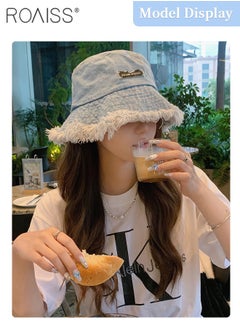 roaiss Raw Edge Denim Bucket Hat for Women, Lightweight Breathable Sun Hat with UV Protection for Summer Beach Outdoor, Fashion Accessories  - Image 2