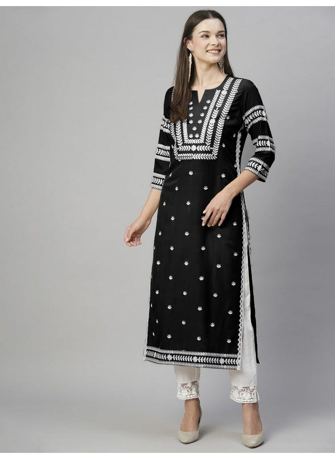 آني ديزاينر - قميص كورتا مستقيم مطرز من مزيج القطن للنساء من ANNI DESIGNER (Stho-Black_M_Black_Medium) - Image 1