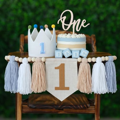 DCJHFJ Baby Boy First Birthday Party Decorations For Blue High Chair Banner With One Cake Topper Crown Hat - Image 1