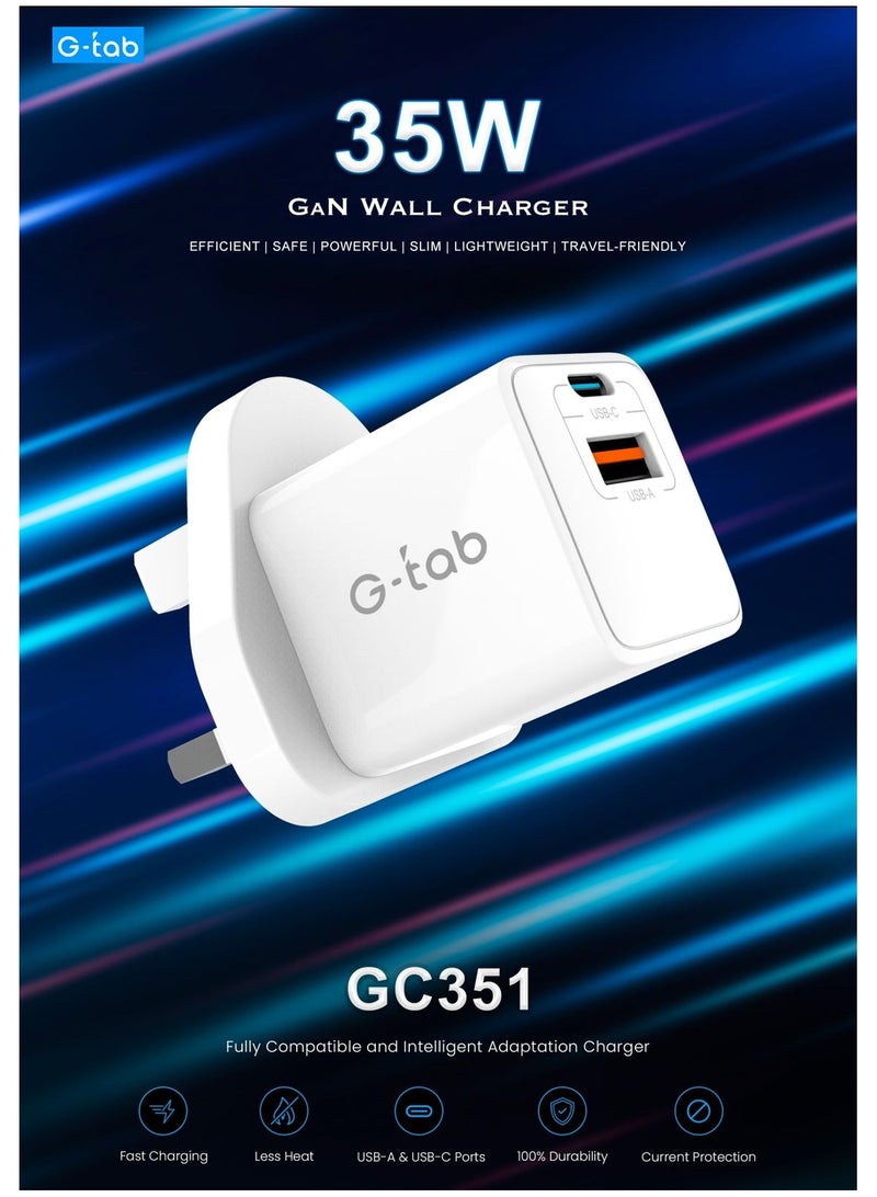 G-tab GC351 35W GaN Fast Charging Wall Charger with Dual USB-C and USB-A Ports Ideal For Mobiles Tablets and Earbuds - Image 3