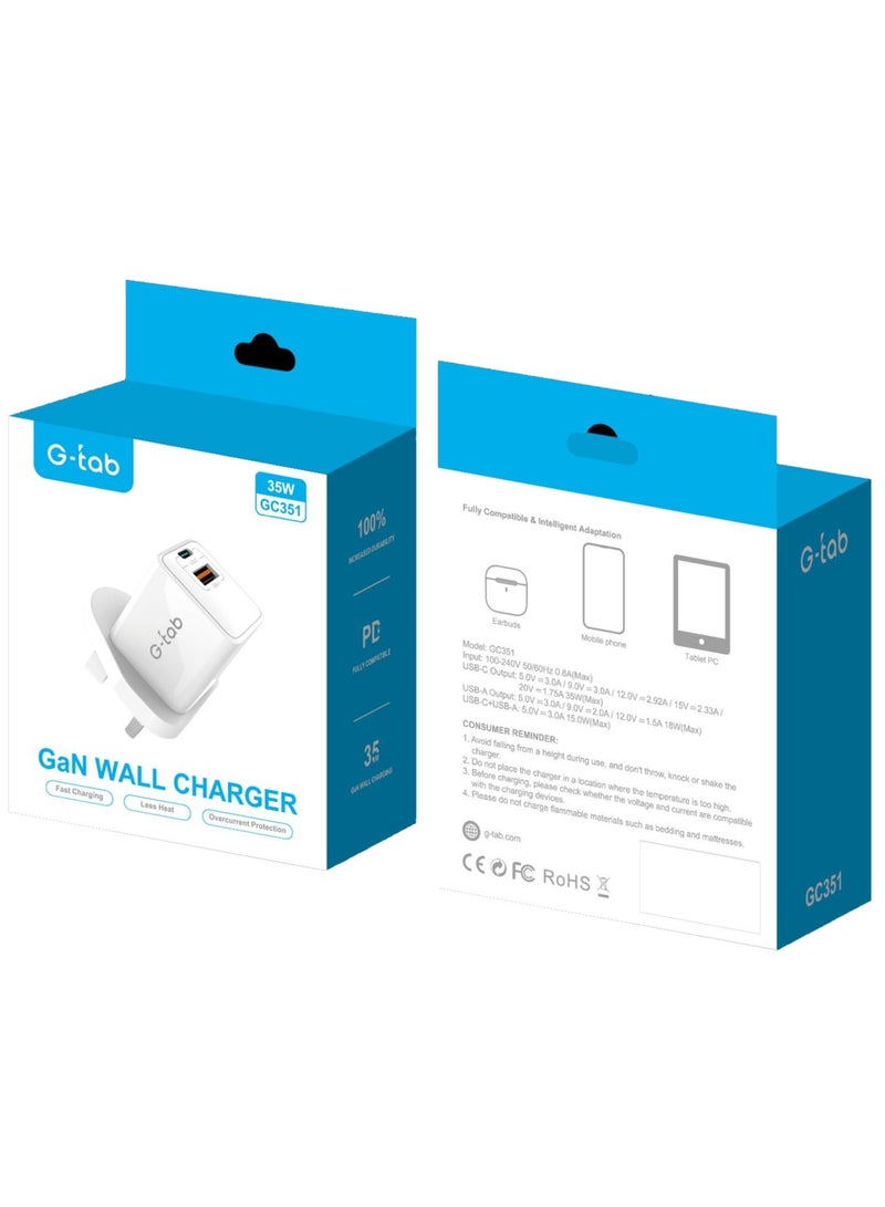 G-tab GC351 35W GaN Fast Charging Wall Charger with Dual USB-C and USB-A Ports Ideal For Mobiles Tablets and Earbuds - Image 5