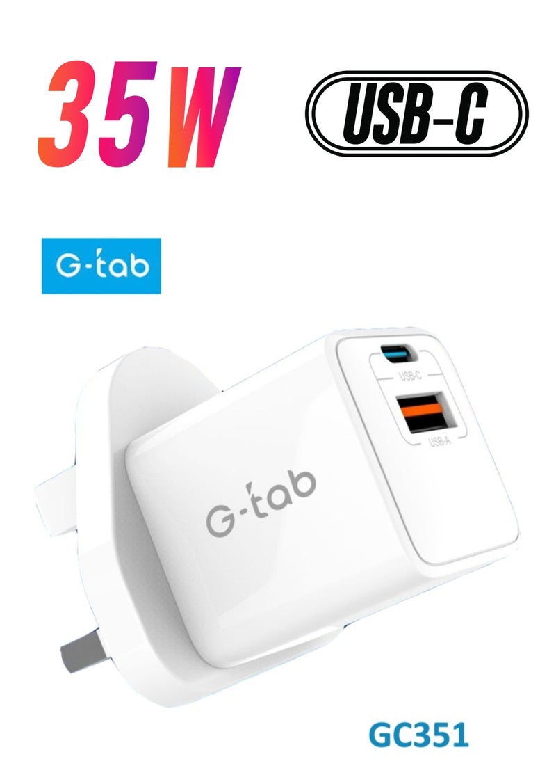 G-tab GC351 35W GaN Fast Charging Wall Charger with Dual USB-C and USB-A Ports Ideal For Mobiles Tablets and Earbuds - Image 1