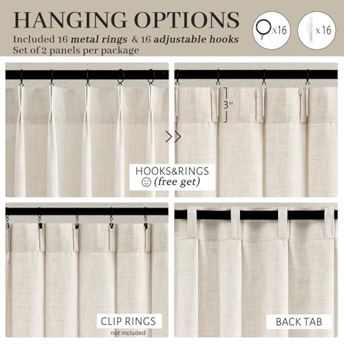 PleatedDrapes Semi Sheer Curtains 90 Inches Long for Bedroom Light Filtering Beige Birch Textured Linen Blend Pleat Curtains 7-1/2 ft Length Hooks Rings&Back Tab for Sliding Glass Doors 2 Panels Set - Image 5