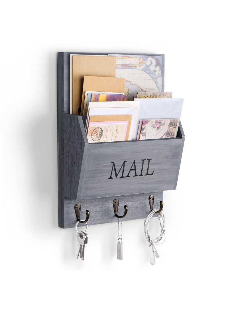 DLQuarts DLQuarts Mail Organizer with Key Holder for Wall Decorative Mail Sorter Wall Mounted Wooden Mail Holder with 3 Hooks Gray 