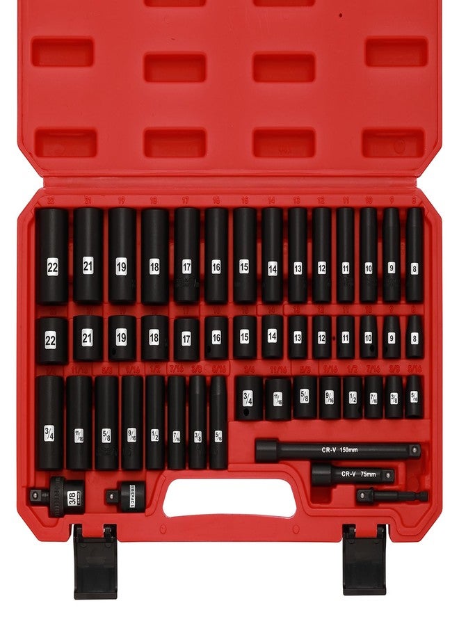 EMENTOL 49PCS 3/8" Drive Impact Socket Set, (5/16"-3/4", 8mm-22mm), SAE/Metric, Deep & Shallow CR-V, 6-Point Impact Socket Set, Impact Extension Bars, Reducer, Universal Joint - Image 1