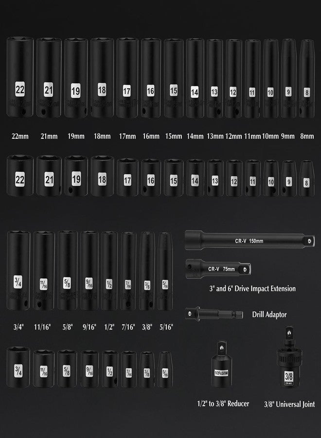 EMENTOL 49PCS 3/8" Drive Impact Socket Set, (5/16"-3/4", 8mm-22mm), SAE/Metric, Deep & Shallow CR-V, 6-Point Impact Socket Set, Impact Extension Bars, Reducer, Universal Joint - Image 2