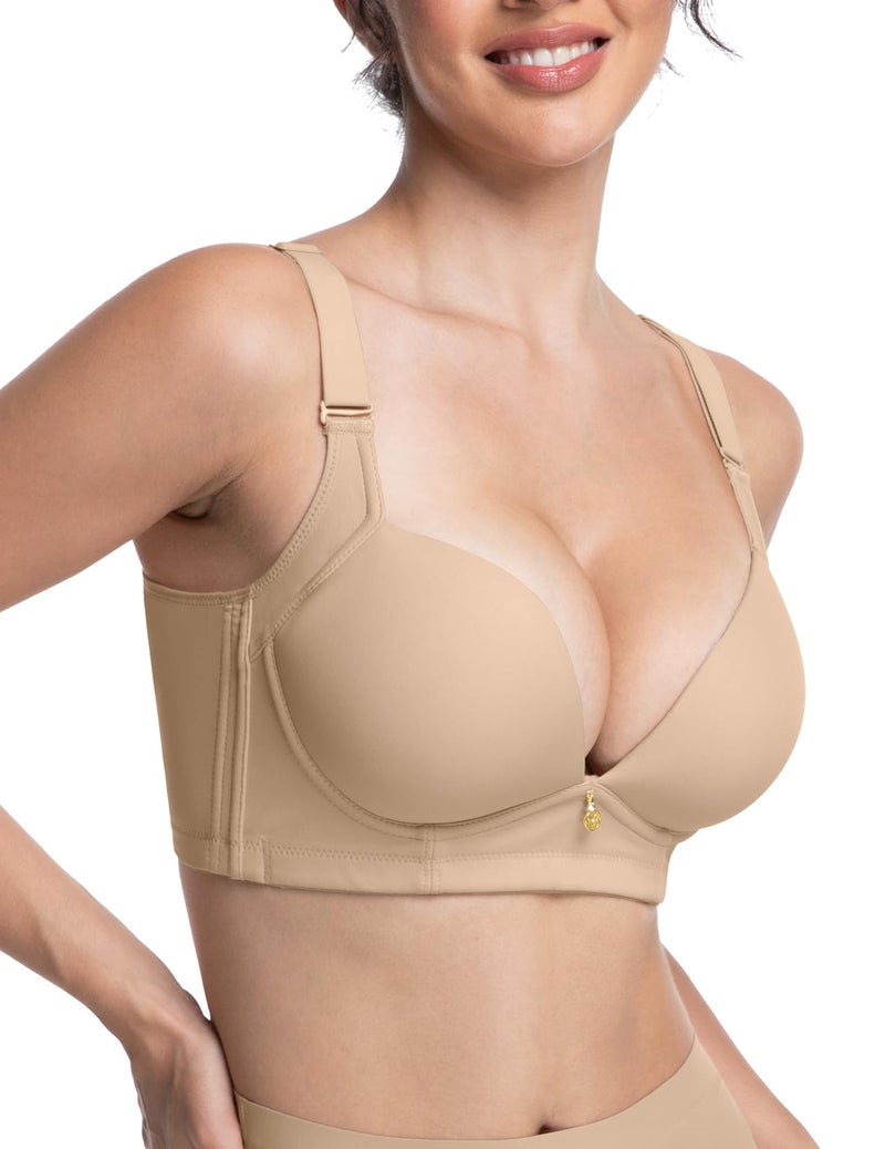 FallSweet Wireless Add 2 Cups Padded Plunge Bras Back Smoothing Push Up Brasieres, Beige, 38B - Image 1