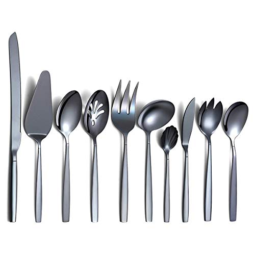 Berglander Black Serving Utensils 10 Pieces, Titanium Plating Serving Spoons, Included Cake Knife Cake Server Serving Forks Sugar Spoon Salad Spoon Forks Butter Knife Gravy Ladle ect. - Image 1