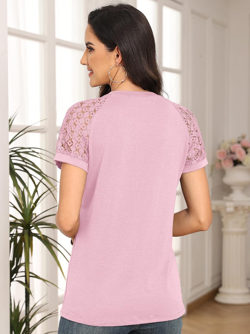 AUTOMET Women's Lace Short Sleeve Blouse - Soft Business Casual Top, Versatile Flattering Office Shirt for Summer Pink XL - Image 5