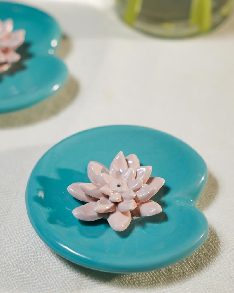 THE INDIAN ROSE The Indian Rose Lily Flower on Leaf Ceramic Incense Stick Holder symbolizing Purity Enlightenment Nature - Image 2