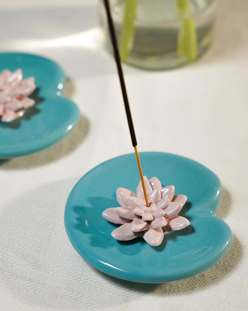 THE INDIAN ROSE The Indian Rose Lily Flower on Leaf Ceramic Incense Stick Holder symbolizing Purity Enlightenment Nature - Image 1