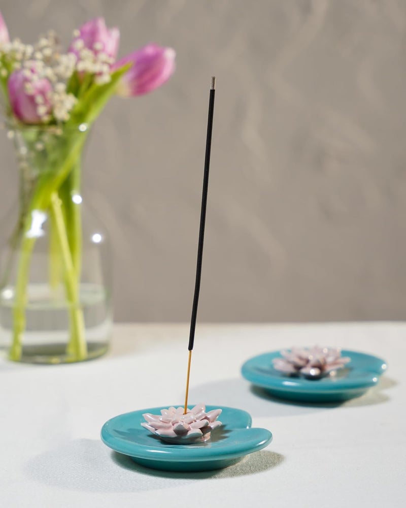 THE INDIAN ROSE The Indian Rose Lily Flower on Leaf Ceramic Incense Stick Holder symbolizing Purity Enlightenment Nature - Image 4