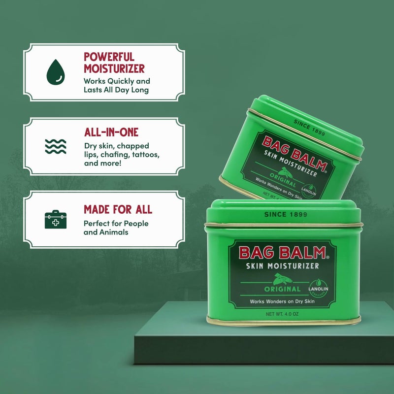 Bag Balm بالم حقيبة مرطب للبشرة - عناية مرطبة كاملة للجسم: لليدين الجافتين، الشفاه، الوجه، القدمين والمزيد - بدون رائحة، خالي من القسوة والبارابين - نهاراً وليلاً، للرجال والنساء، الأصلي من فيرمونت (4 أونصة علبة، صنع في الولايات المتحدة)  - Image 4