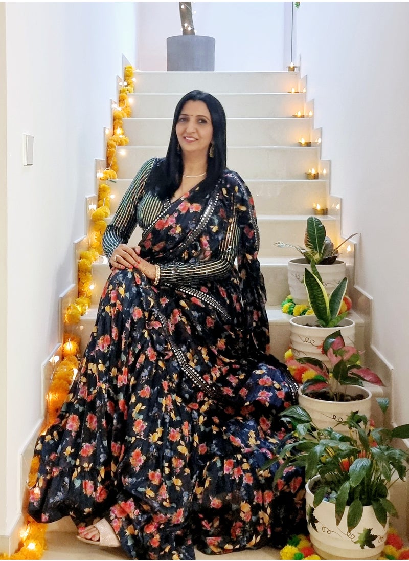 Grab Mantra Trendy Ready To Wear Chiffon Braso Floral Print Tri Layer Ruffle Lehenga With Ruffle Dupatta having Lace Plus Full stitched Large Size Padded Blue sequence Blouse  - Image 2