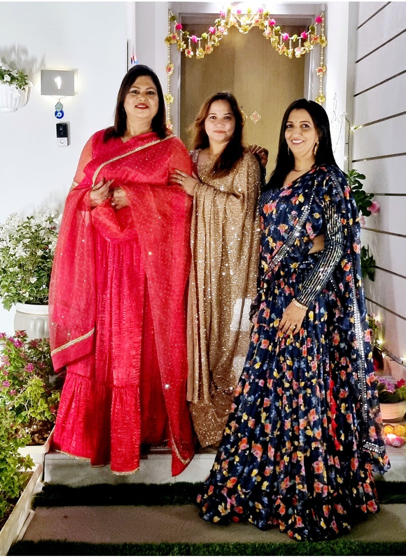 Grab Mantra Trendy Ready To Wear Chiffon Braso Floral Print Tri Layer Ruffle Lehenga With Ruffle Dupatta having Lace Plus Full stitched Large Size Padded Blue sequence Blouse  - Image 3