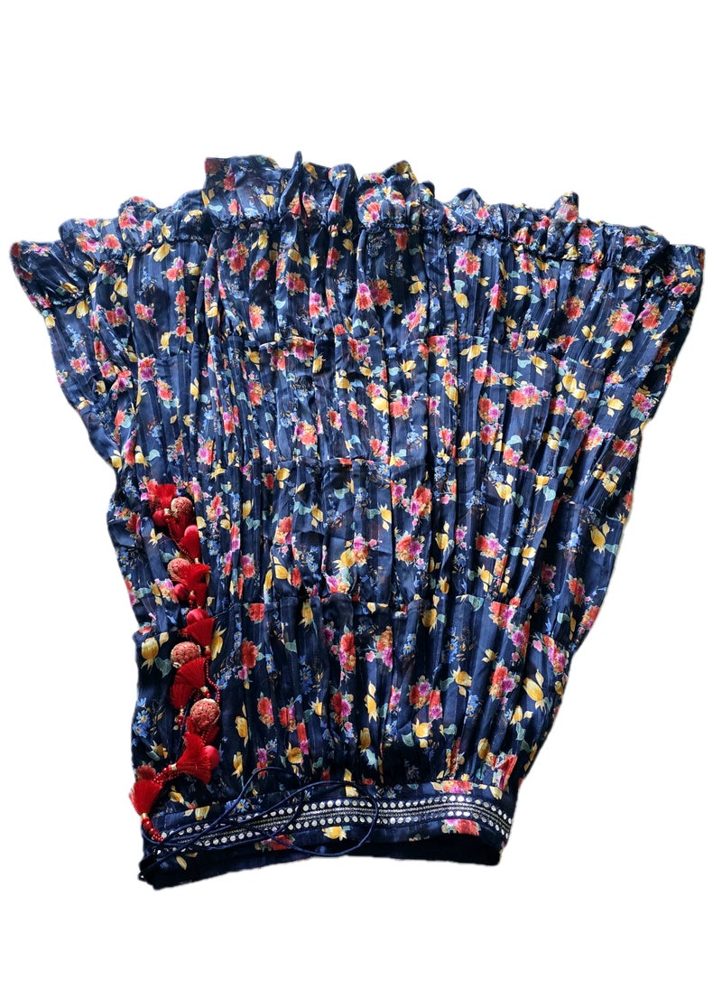 Grab Mantra Trendy Ready To Wear Chiffon Braso Floral Print Tri Layer Ruffle Lehenga With Ruffle Dupatta having Lace Plus Full stitched Large Size Padded Blue sequence Blouse  - Image 4