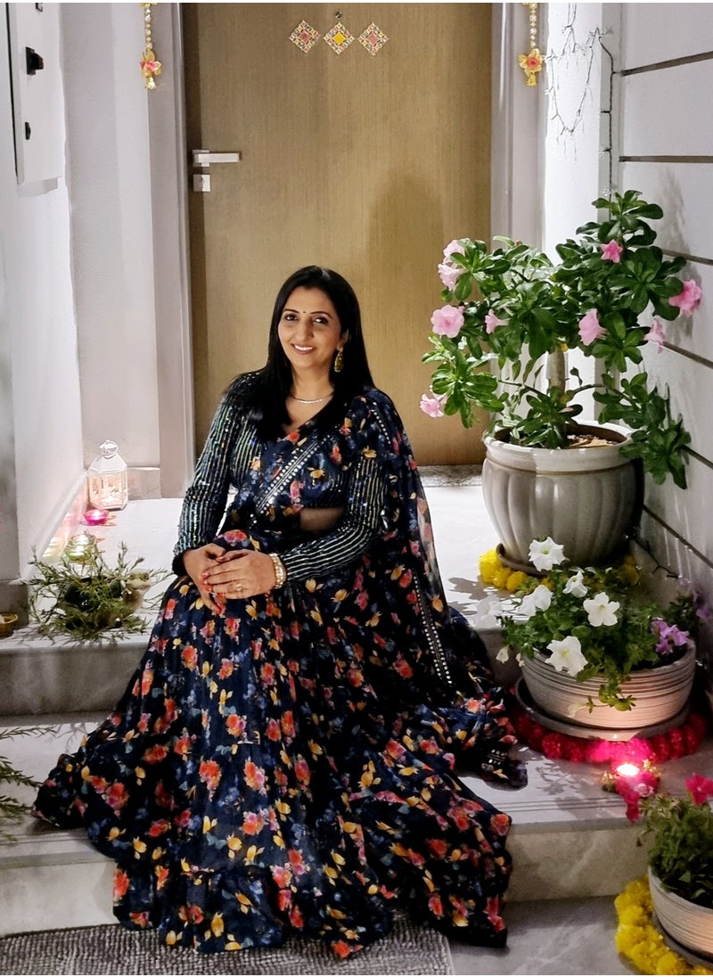 Grab Mantra Trendy Ready To Wear Chiffon Braso Floral Print Tri Layer Ruffle Lehenga With Ruffle Dupatta having Lace Plus Full stitched Large Size Padded Blue sequence Blouse  - Image 5