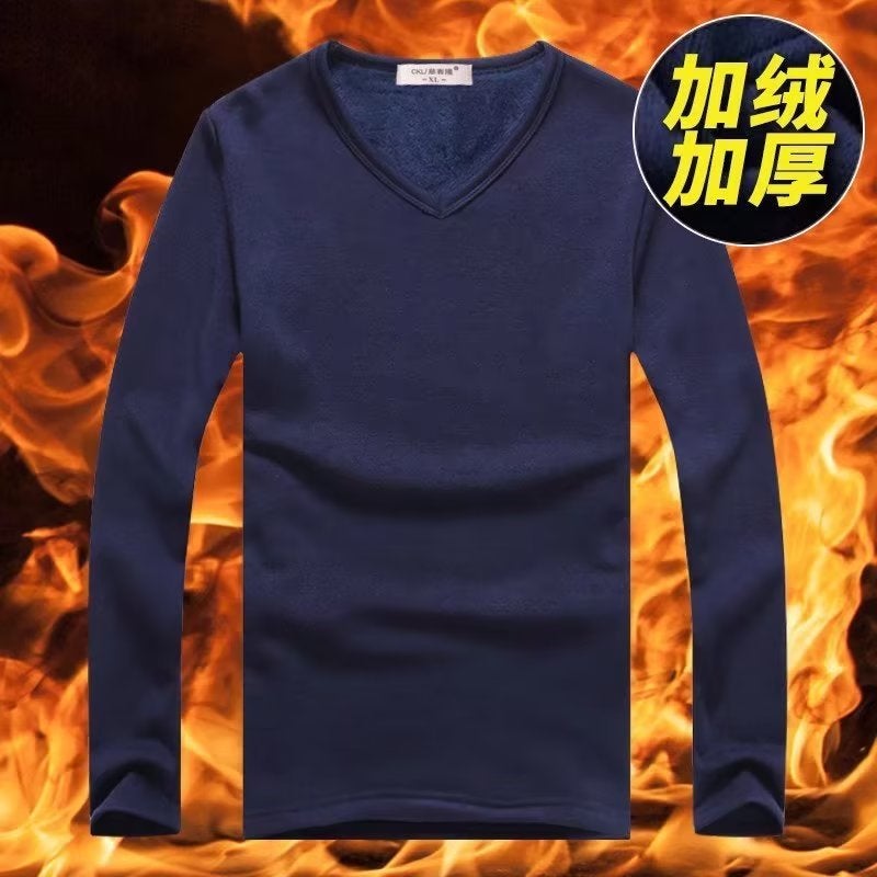 Fleece-Lined Long-Sleeved T-Shirt Men'S Fleece Crewneck Men'S Base Shirt Business Thermal Underwear Solid Color Top - Image 1