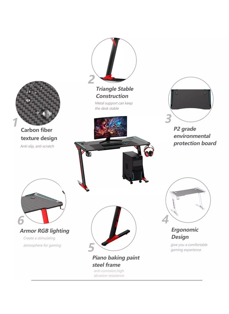 Organized Home Gaming Table with Carbon Fiber Computer Desk with LED Lights RGB Lighting with Headphone Hook Cup Holder Gamer Workstation  - Image 2
