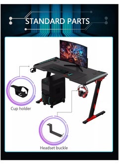 Organized Home Gaming Table with Carbon Fiber Computer Desk with LED Lights RGB Lighting with Headphone Hook Cup Holder Gamer Workstation  - Image 4