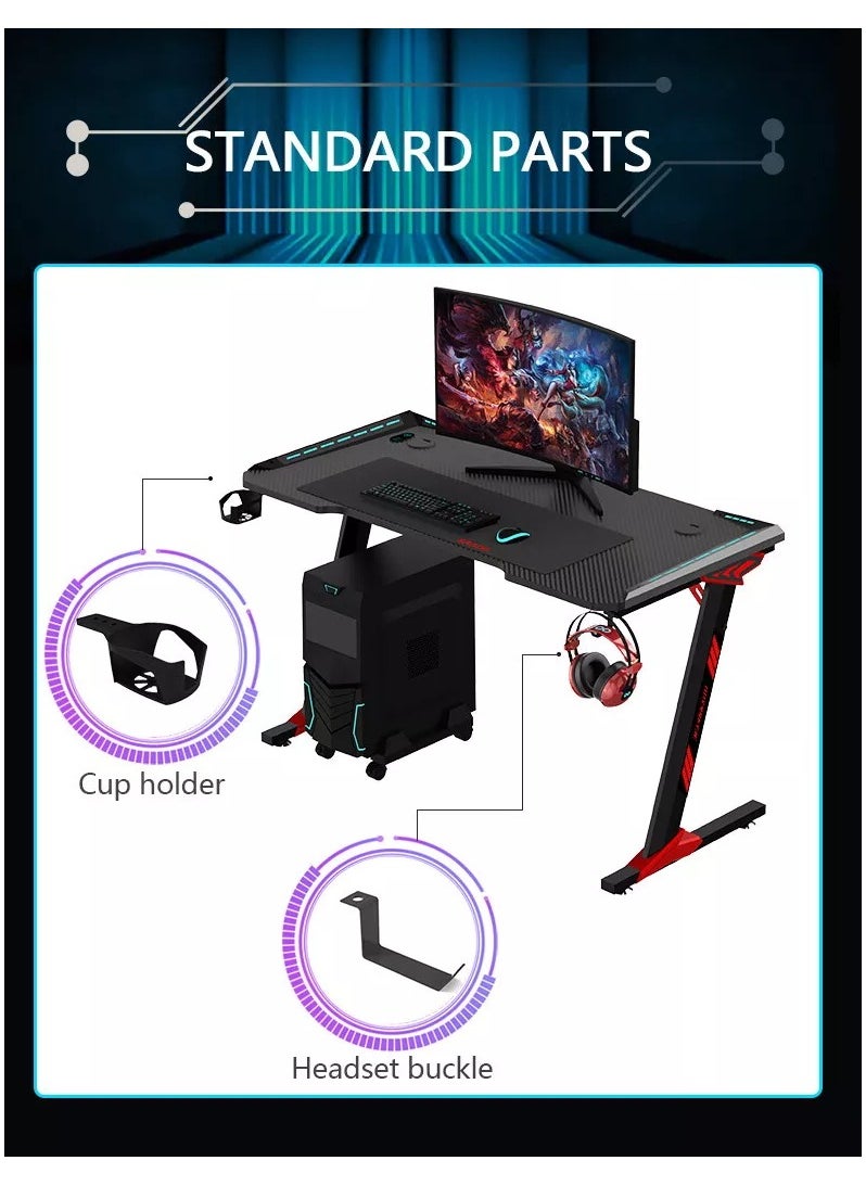 Organized Home Gaming Table with Carbon Fiber Computer Desk with LED Lights RGB Lighting with Headphone Hook Cup Holder Gamer Workstation  - Image 4
