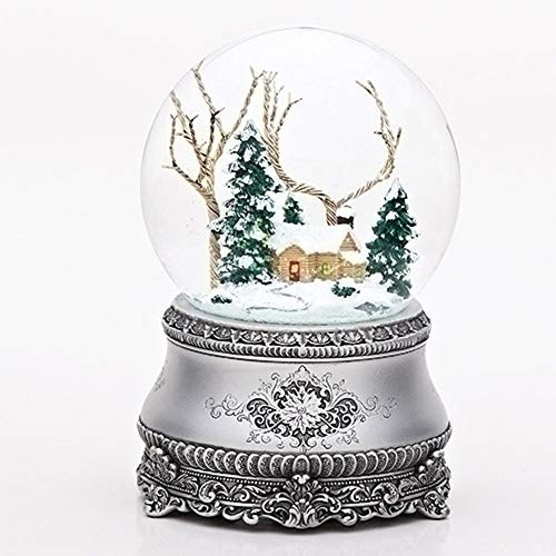 Roman 55 Cottage with Tree Glitter Silver Base 100mm Dome Plays Ill Be Home for Christmas