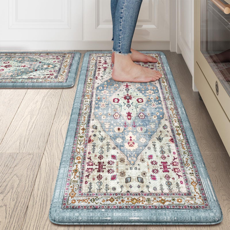 Collive Boho Kitchen Rugs and Mats 2PCS Cushioned Anti-Fatigue Floor Mat, Waterproof Kitchen Rug Set of 2 Non-Skid Comfort Standing Mat for Kitchen,Home,Office,Sink,Laundry,17"x30"+17"x47" - Image 1