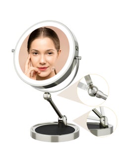 Rechargeable Lighted Makeup Mirror, 8 Inch Height Adjustable 1X/10X Magnification, 3-Color Dimmable Lights, 360° Swivel Double-Sided Tabletop Vanity Mirror