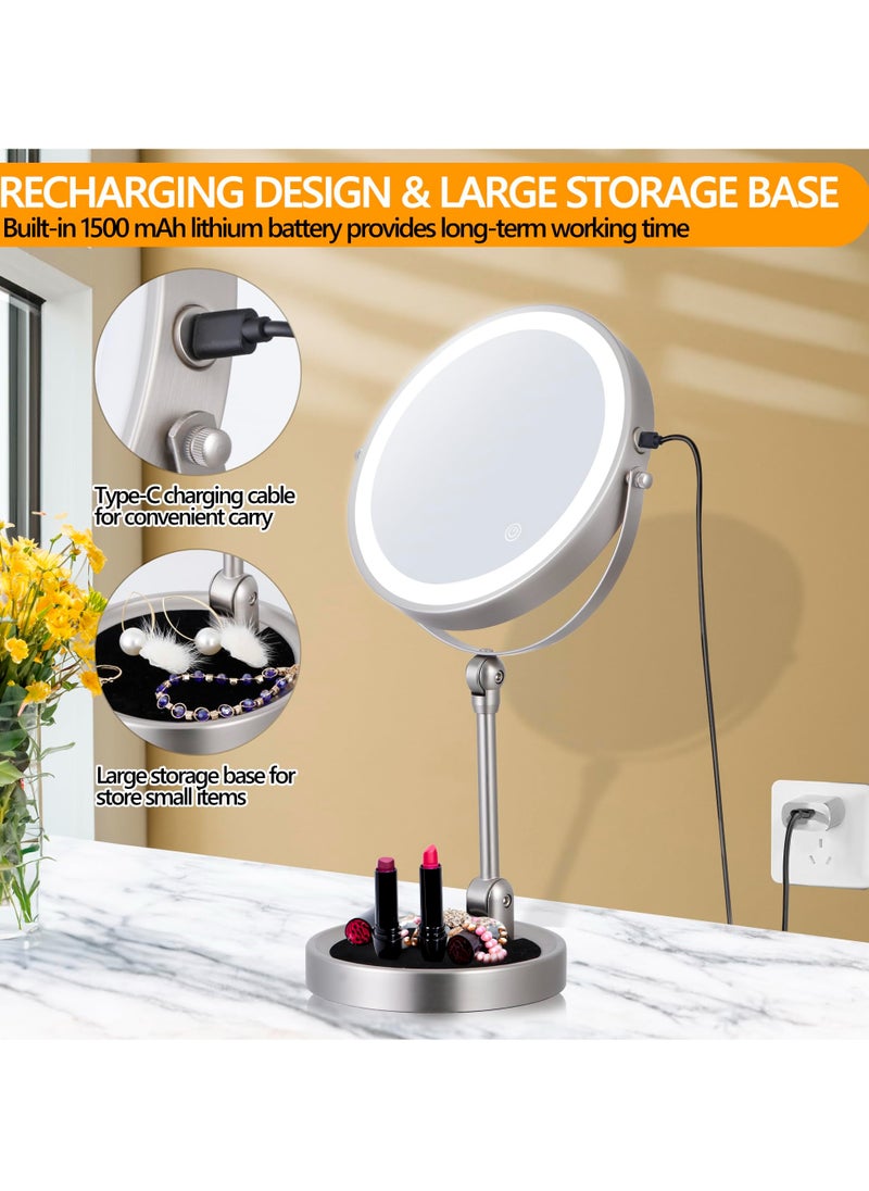 KASTWAVE - Rechargeable Lighted Makeup Mirror, 8 Inch Height Adjustable 1X/10X Magnification, 3-Color Dimmable Lights, 360° Swivel Double-Sided Tabletop Vanity Mirror - Image 1