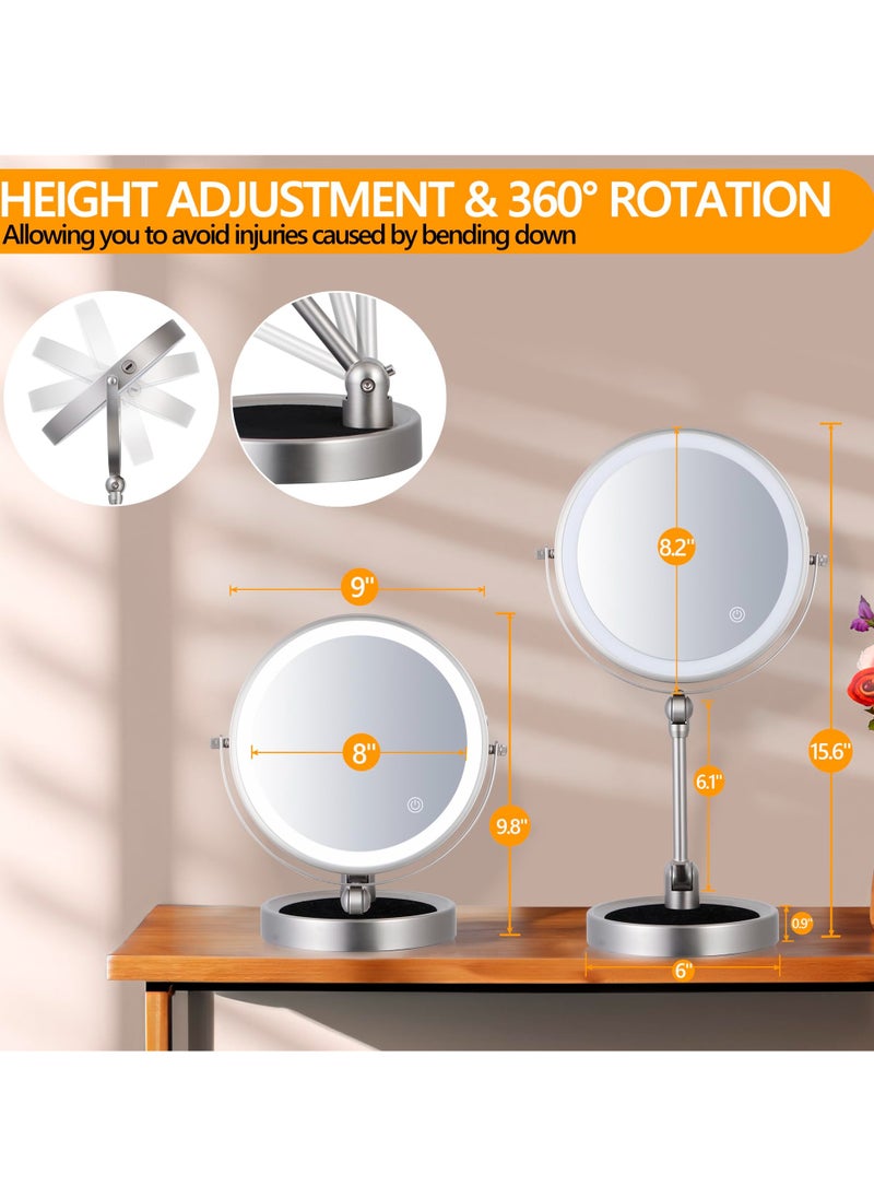 KASTWAVE - Rechargeable Lighted Makeup Mirror, 8 Inch Height Adjustable 1X/10X Magnification, 3-Color Dimmable Lights, 360° Swivel Double-Sided Tabletop Vanity Mirror - Image 1