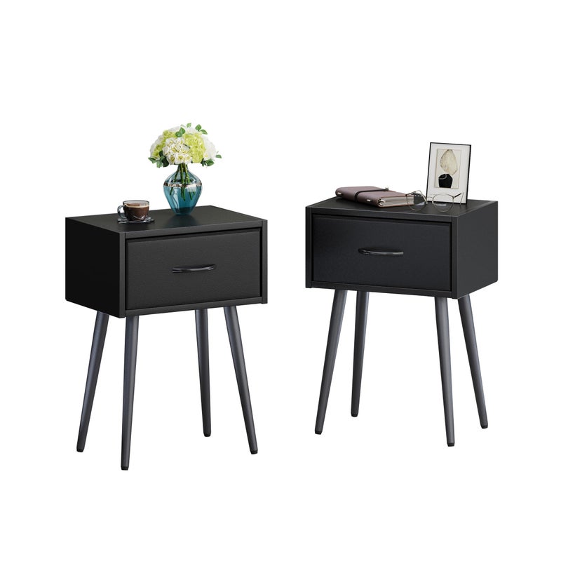 IRCPEN Small Black Nightstands Set of 2, Bedside Table with Fabric Drawer, Modern End Table with Metal Leg, Couch Side Table for Bedroom Living Room, Sofa, Office LNT504B - Image 1