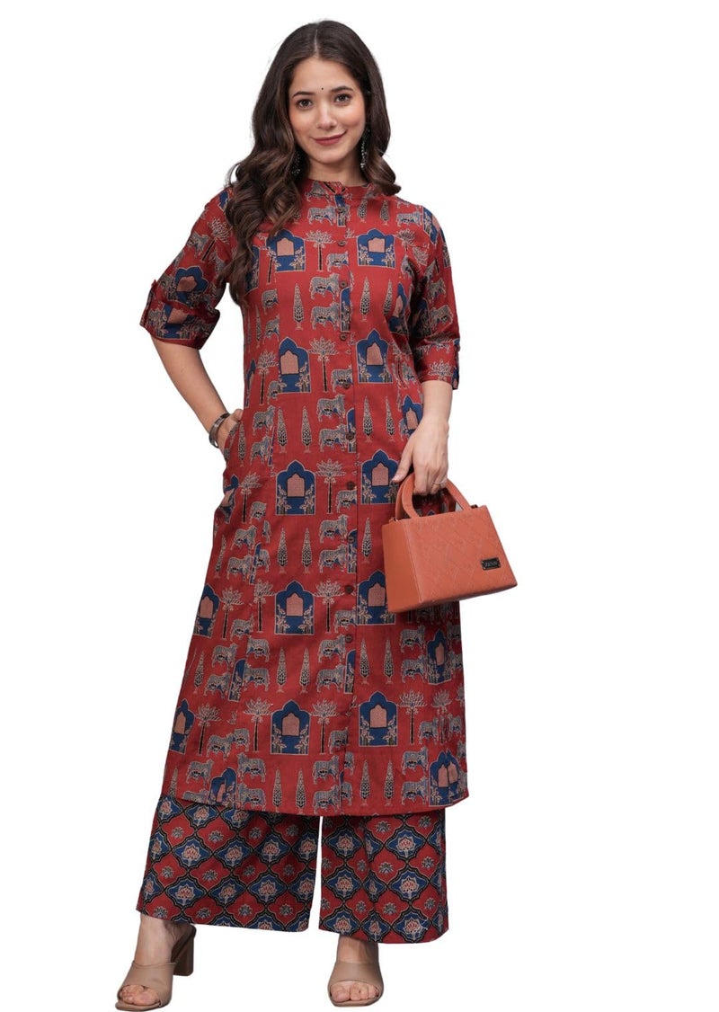 rytras Women's Pure Cotton Printed A-Line Kurta Set with Palazzo Pants - Ethnic Wear, Maroon(RYT595,3XL) - Image 5