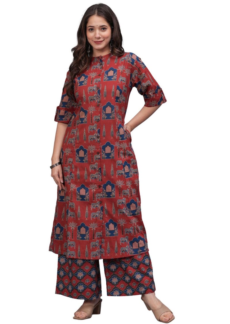 rytras Women's Pure Cotton Printed A-Line Kurta Set with Palazzo Pants - Ethnic Wear, Maroon(RYT595,3XL) - Image 1