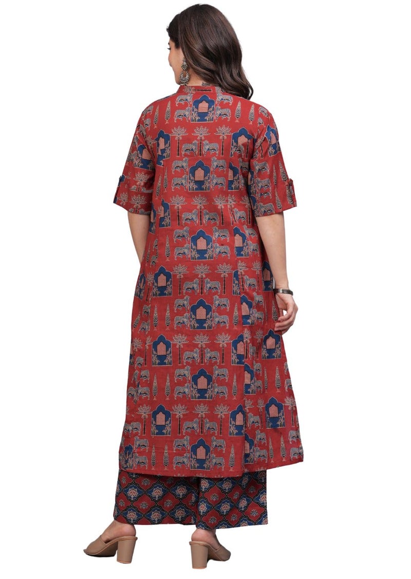 rytras Women's Pure Cotton Printed A-Line Kurta Set with Palazzo Pants - Ethnic Wear, Maroon(RYT595,3XL) - Image 2