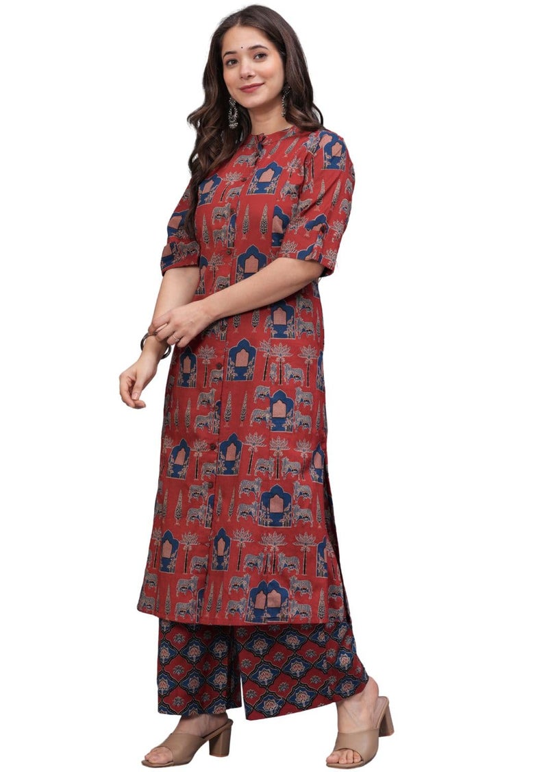 rytras Women's Pure Cotton Printed A-Line Kurta Set with Palazzo Pants - Ethnic Wear, Maroon(RYT595,3XL) - Image 4