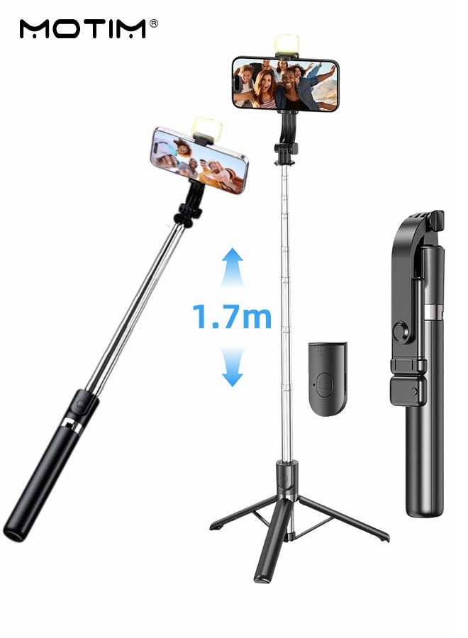 موتيم 66.93 بوصة (170 سم) حامل ثلاثي القوائم لعصا السيلفي مع ضوء تعبئة مع تصميم مخفي مع جهاز تحكم عن بعد قابل لإعادة الشحن، حامل ثلاثي القوائم قابل للتمديد 360 درجة ثابت لحامل الهاتف القابل للتمديد للهواتف المحمولة آبل آيفون 16 15 15 14 13 سامسونج شياومي جوبرو، تيكتوك لتسجيل الفيديو - Image 1